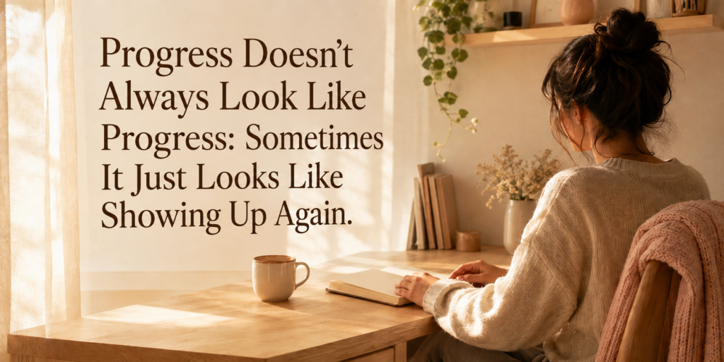 Warm inspirational quote image with coffee, journal, and text about progress and showing up again.